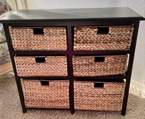 This 6 basket storage unit measures 33x13x30 inches.