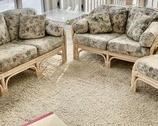 This 4 piece set by BenchCraft includes a couch, loveseat, chair and ottoman. The sofa measures 76x31x32 inches. The corner table in the photos is not included. Items are in good condition with light wear.