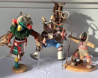 Grouping of Four Kachina Figurines. All of these items are in used condition with wear. The eagle figurine has a cracked base. These items may have chipping including paint loss and/or missing parts. 
