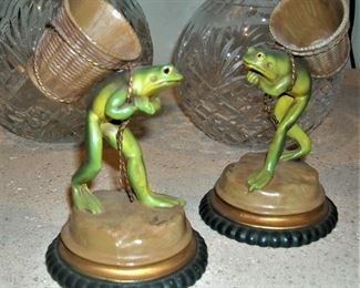 Pair of Frog character Match Holders made of cold painted bronze.