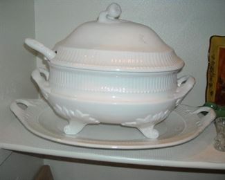 Large oval soup tureen with underplate and ladle from Portugal.