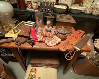 Vintage Coffee Grinder, Railroad Locks, Strop, Paddle, eclectic items all over house. 