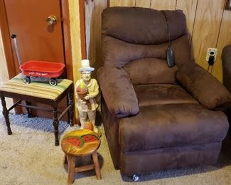 Bench, mini red wagon, tall figurine, water melon stool & vibrating recliner