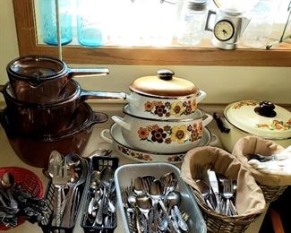 Vision cookware, enamel pan set, assorted sets flatware, & canning jars & clock on window sill