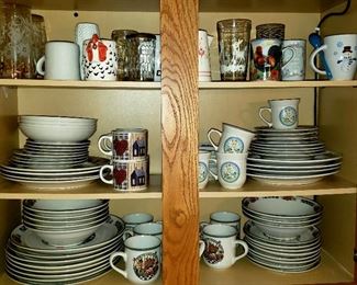 Mugs & glasses, 4 settings Magestic stoneware dishes, 4 settings Precious Moments dishes & 31 pieces International stoneware dishes