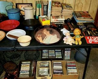Cookbooks, enamelware, vintage dolls, CDs & DVDs 