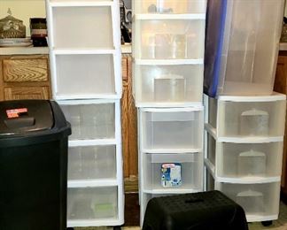 Garbage can, plastic storage drawer units, step stool & tote