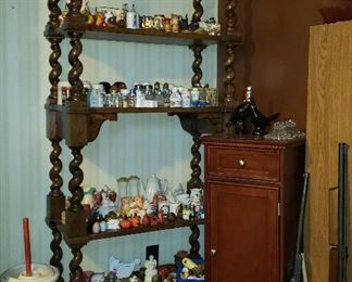 Six shelf open bookcase, salt & pepper collection, misc. glassware, "butter churn", tall cabinet, BB gun & wall hanging gun