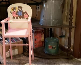 Doll high chair, enamel coffee pot, huge candle & corner shelf stand