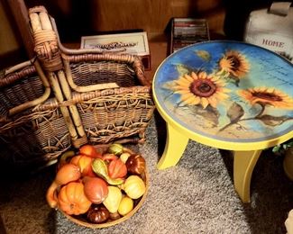 Basket, bowl of gourds & three legged "sunflower" stool