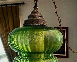Green Glass- Hanging Swag Lamp -Vintage 1960's