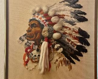 Vintage Embroided Crewel Native indian chief