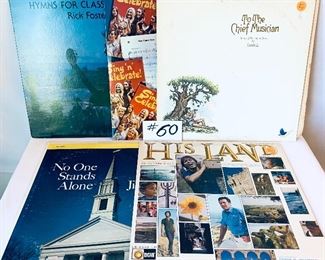 Lot 60- $20,   Rick Foster, 1978, Cond.:Good/ Ralph Carmichael,1970, Cond.:Good/ Sing/ Celebrate Double Album, 1972, Fair/ Candle To The Chief,1976, Acceptable/ Jimmie Davis, 1960, Good
