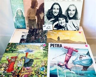 Lot 62- $30,   Columbia Bible College Choir (3 albums),Good & Acceptable/  2nd Chapter of Acts (3 albums), 1981,1974, Acceptable & Fair/  Candle The Music Machine, 1977, Good/ Petra,1981, Good
