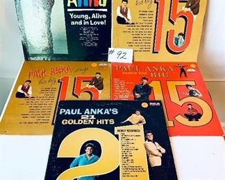 Lot 92- $49,  Paul Anka Albums, Sings his Big 15 1960, Fair/ Young Alive, 1962, Good/ Sings his Big 15, 1960, Acceptable/ 21 Hits(Original RCA) 1963, Acceptable/ Sings his Big 15, 1960, Acceptable
