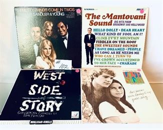 #102- $4 Each,    Mantovani and his Orchestra 1965, Good/ 
West Side Story, Cast/Orchestra Conducted by Dean Francoin 1962 , Good/ Love Story Soundtrack 1970, Acceptable/ Tony Sandler & Ralph Young 1969, Good
