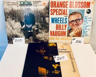 #205 -$8,   #206 -$5,  $207 -$4,   Tom T. Hall Greatest Hits Vol. 2 1975, Very Good/ Billy Vaughn & His Orchestra1961, Good/ Carlos Montoya 1957, Fair
