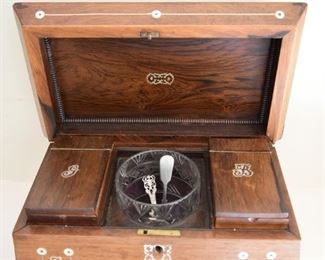 inside of tea caddy--appears to be rosewood in top of box