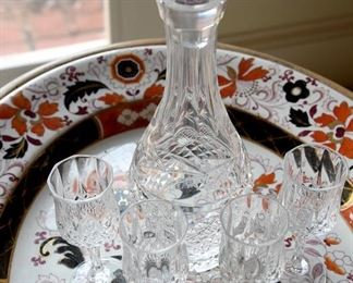 crystal decanter and 4 stemmed cordial glasses