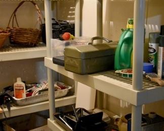 miscellaneous garage items, tools, storage racks