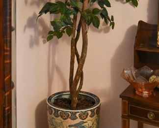 large planter, stand, and faux tree