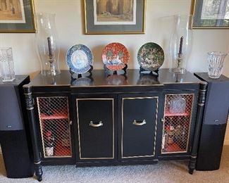 Vintage Black Lacquer Bar Cabinet  (4 cabinets, 2 shelf levels, and 1 central drawer)