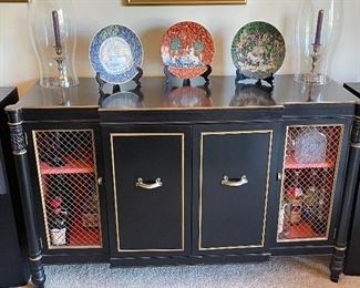 Vintage Black Lacquer Bar Cabinet  (4 cabinets, 2 shelf levels, and 1 central drawer)