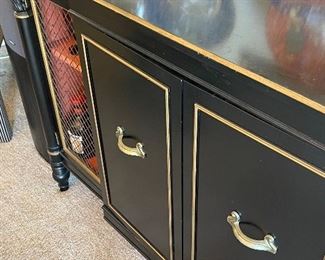 Vintage Black Lacquer Bar Cabinet  (4 cabinets, 2 shelf levels, and 1 central drawer)