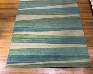 Large Area Rug | Blue Green Tan Abstract Stripes | 94" x 60"