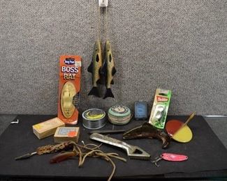 Flat of Fishing Destash Lot | Lures, Line, Tools, Wooden Fish, and More
