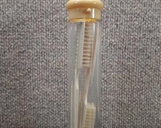 Vintage Lot of 3 Two Bone Toothbrushes in Vanity Jar | Brushes 6.25" Jar 7"x1.5"