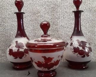 Vintage Lot of 3 Czech Bohemian Glass Jar and Two Bottles | Cut to Clear | Ruby Red | Bottle 8.5"x3.5" Jar 5.5"x4"