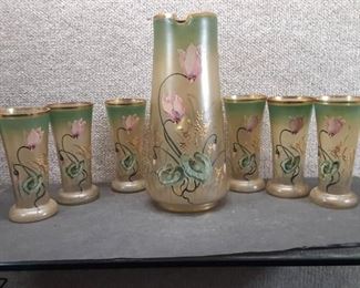 Antique Lot of 7 Victorian Art Glass Floral Lemonade Set | Hand Painted | Pitcher 11"x5"