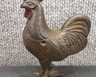 Vintage Cast Iron Rooster Chicken Bank | Gold and Red | 5"x3.5"x2"