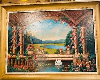 $200
BEAUTIFUL COLORFUL FLORAL POND WITH SWAN OIL ON WOOD PAINTING BY “ NATHAN SALZMAN”
32.75”L x 24.75”W