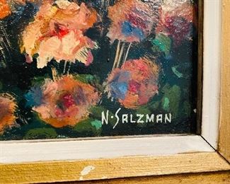 $200
BEAUTIFUL COLORFUL FLORAL POND WITH SWAN OIL ON WOOD PAINTING BY “ NATHAN SALZMAN”
32.75”L x 24.75”W