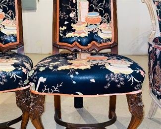$280 PAIR
SET OF TWO CARVED WOODEN FRAME WITH ASIAN MOTIF FLORAL FABRIC
22”W x 18”D x 47”H