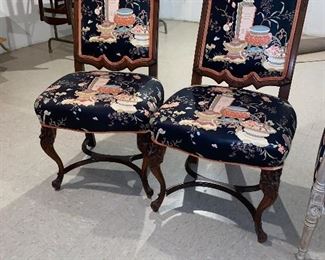 $280 PAIR
SET OF TWO CARVED WOODEN FRAME WITH ASIAN MOTIF FLORAL FABRIC
22”W x 18”D x 47”H