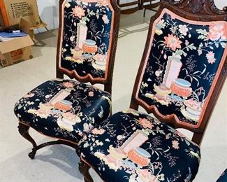 $280 PAIR
SET OF TWO CARVED WOODEN FRAME WITH ASIAN MOTIF FLORAL FABRIC
22”W x 18”D x 47”H
