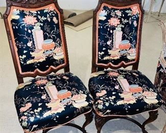 $280 PAIR
SET OF TWO CARVED WOODEN FRAME WITH ASIAN MOTIF FLORAL FABRIC
22”W x 18”D x 47”H