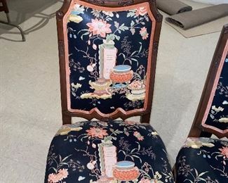$280 PAIR
SET OF TWO CARVED WOODEN FRAME WITH ASIAN MOTIF FLORAL FABRIC
22”W x 18”D x 47”H