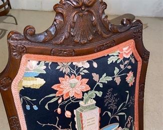 $280 PAIR
SET OF TWO CARVED WOODEN FRAME WITH ASIAN MOTIF FLORAL FABRIC
22”W x 18”D x 47”H