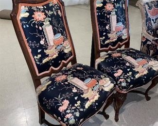 $280 PAIR
SET OF TWO CARVED WOODEN FRAME WITH ASIAN MOTIF FLORAL FABRIC
22”W x 18”D x 47”H