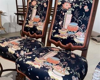 $280 PAIR
SET OF TWO CARVED WOODEN FRAME WITH ASIAN MOTIF FLORAL FABRIC
22”W x 18”D x 47”H