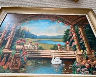 $200
BEAUTIFUL COLORFUL FLORAL POND WITH SWAN OIL ON WOOD PAINTING BY “ NATHAN SALZMAN”
32.75”L x 24.75”W