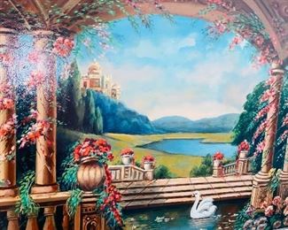 $200
BEAUTIFUL COLORFUL FLORAL POND WITH SWAN OIL ON WOOD PAINTING BY “ NATHAN SALZMAN”
32.75”L x 24.75”W
