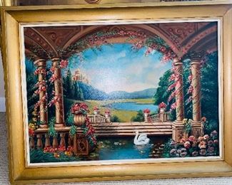 $200
BEAUTIFUL COLORFUL FLORAL POND WITH SWAN OIL ON WOOD PAINTING BY “ NATHAN SALZMAN”
32.75”L x 24.75”W