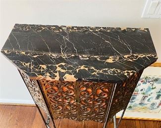 $650
ANTIQUE FIGURAL BRONZE AND IRON MARBLE TELEPHONE STAND / CONSOLE / HALL TABLE
23”L x 11”D x 41”H
