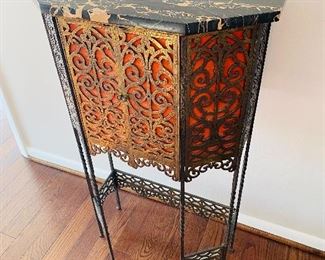 $650
ANTIQUE FIGURAL BRONZE AND IRON MARBLE TELEPHONE STAND / CONSOLE / HALL TABLE 
23”L x 11”D x 41”H 
