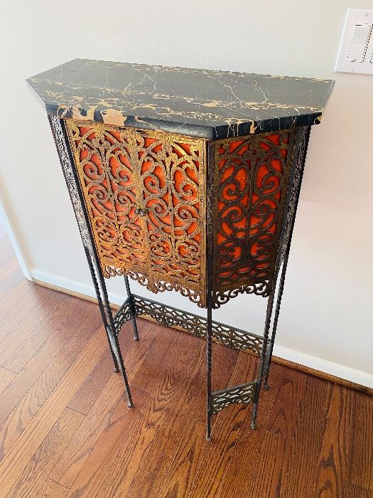 $650
ANTIQUE FIGURAL BRONZE AND IRON MARBLE TELEPHONE STAND / CONSOLE / HALL TABLE 
23”L x 11”D x 41”H 